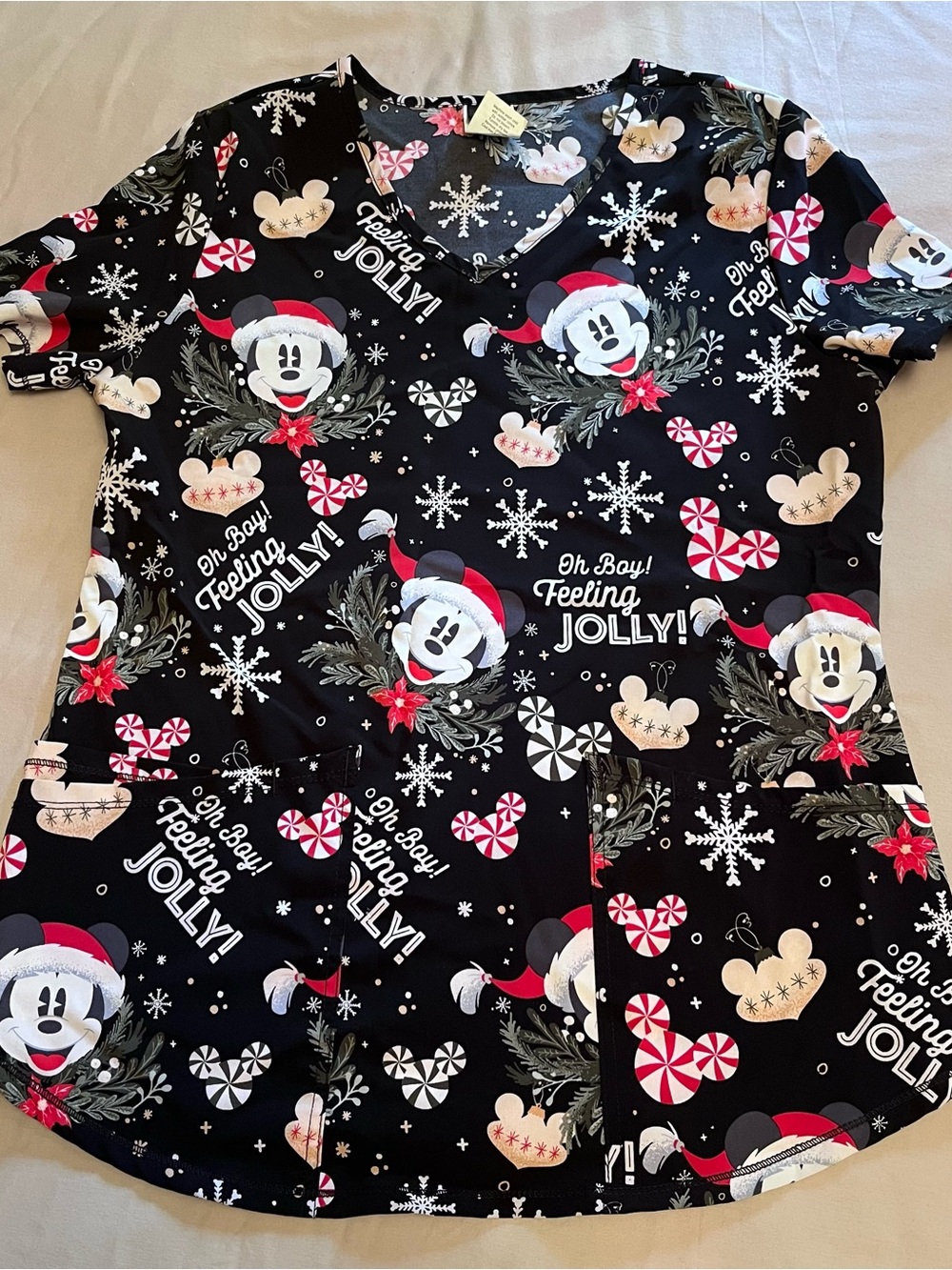 Disney Woman’s Christmas Scrub Top XS Featuring Mickey Mouse